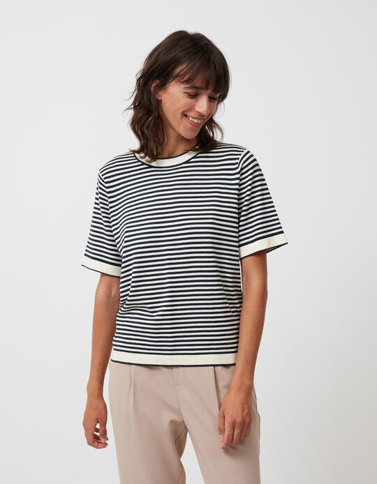 Knitted Striped T-shirt, Women, Dark Blue/White