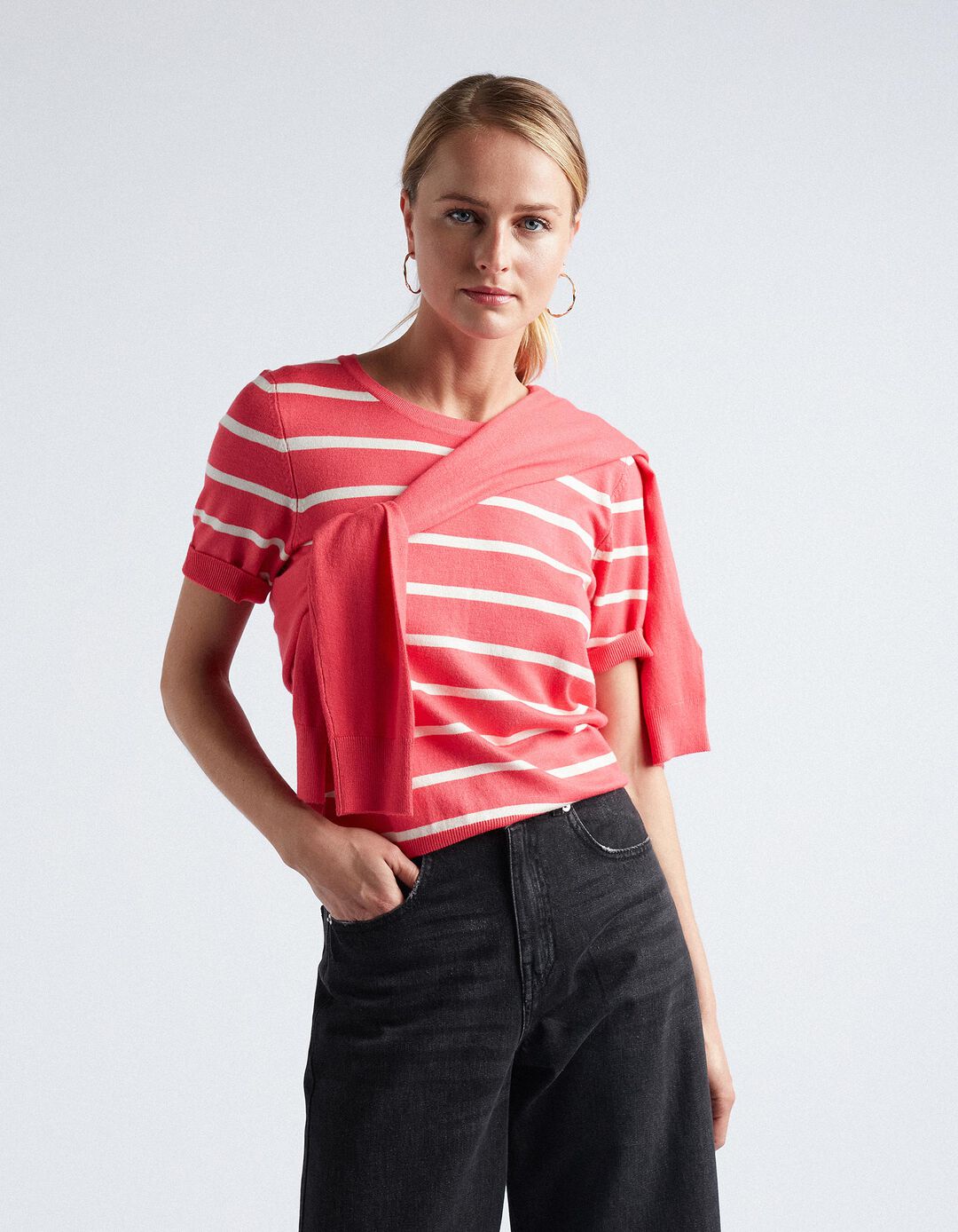 Striped Knitted T-shirt, Women, Dark Pink