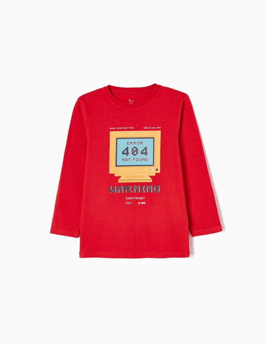Long Sleeve Cotton T-shirt for Boys 'Warning', Red