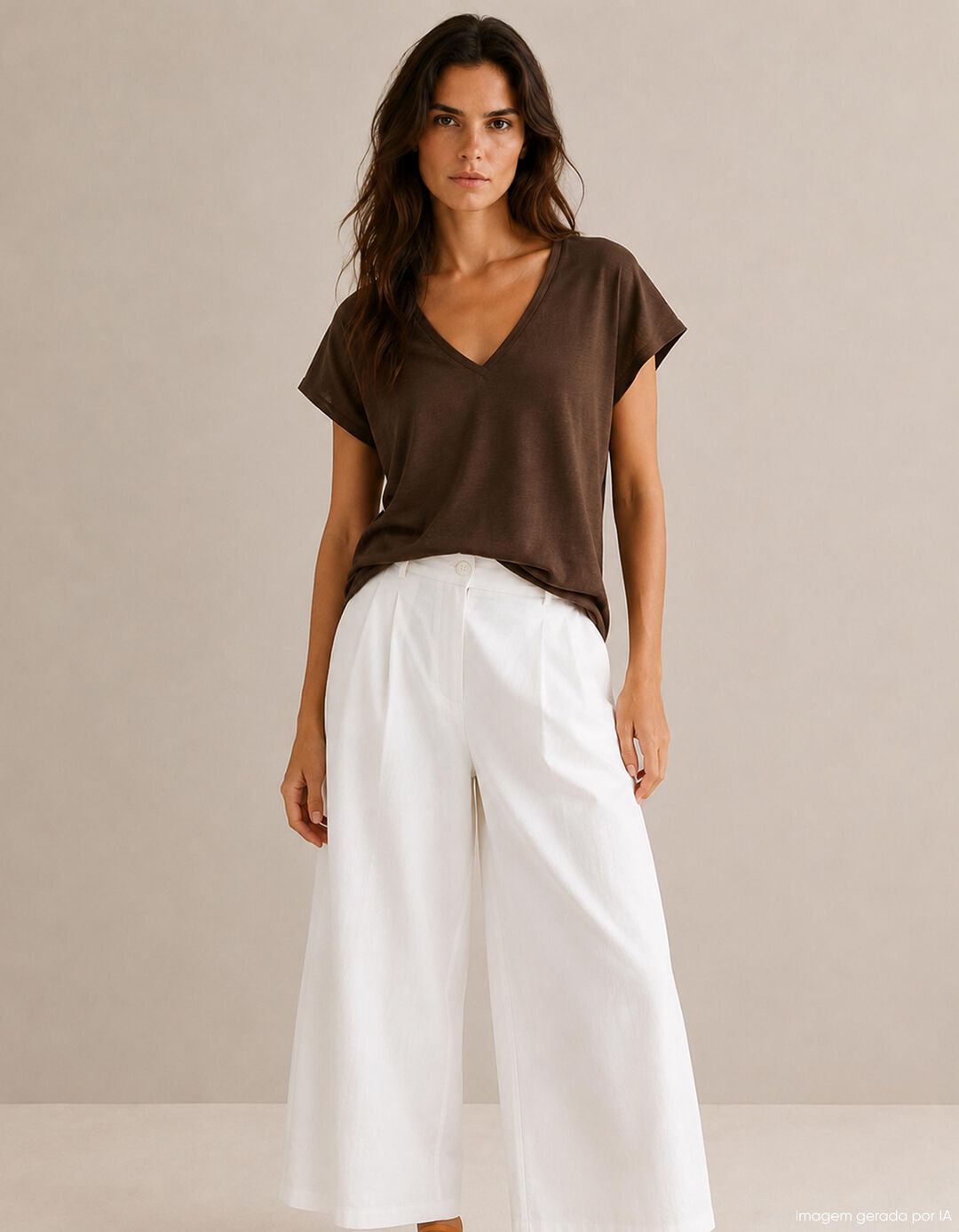 T-shirt Decote em V, Mulher, Castanho Escuro