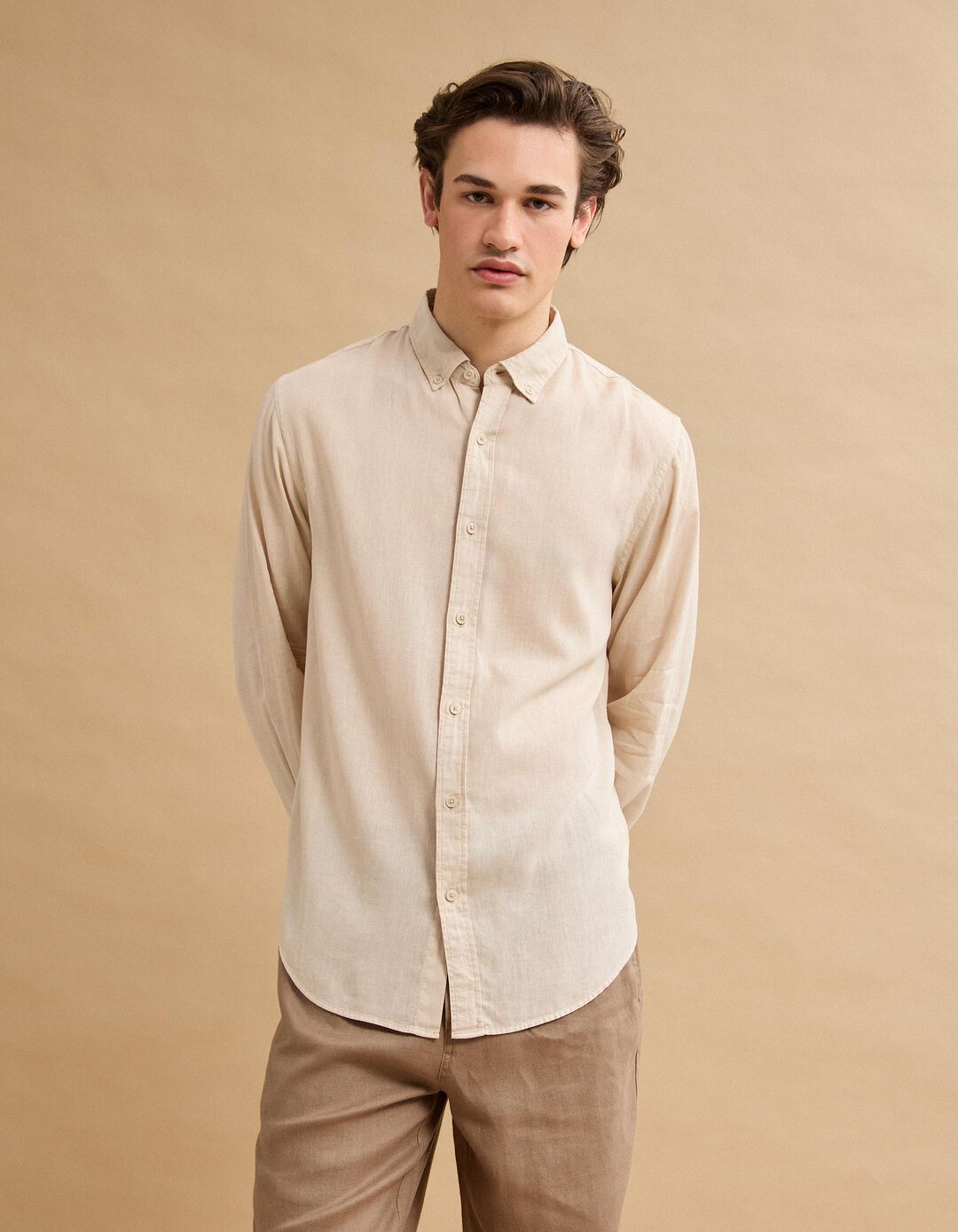 Camisa com Linho, Homem, Bege Claro