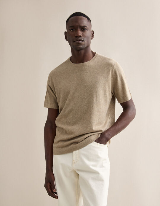 Comprar Online T-shirt de Malha com Caxemira, Homem, Bege Claro