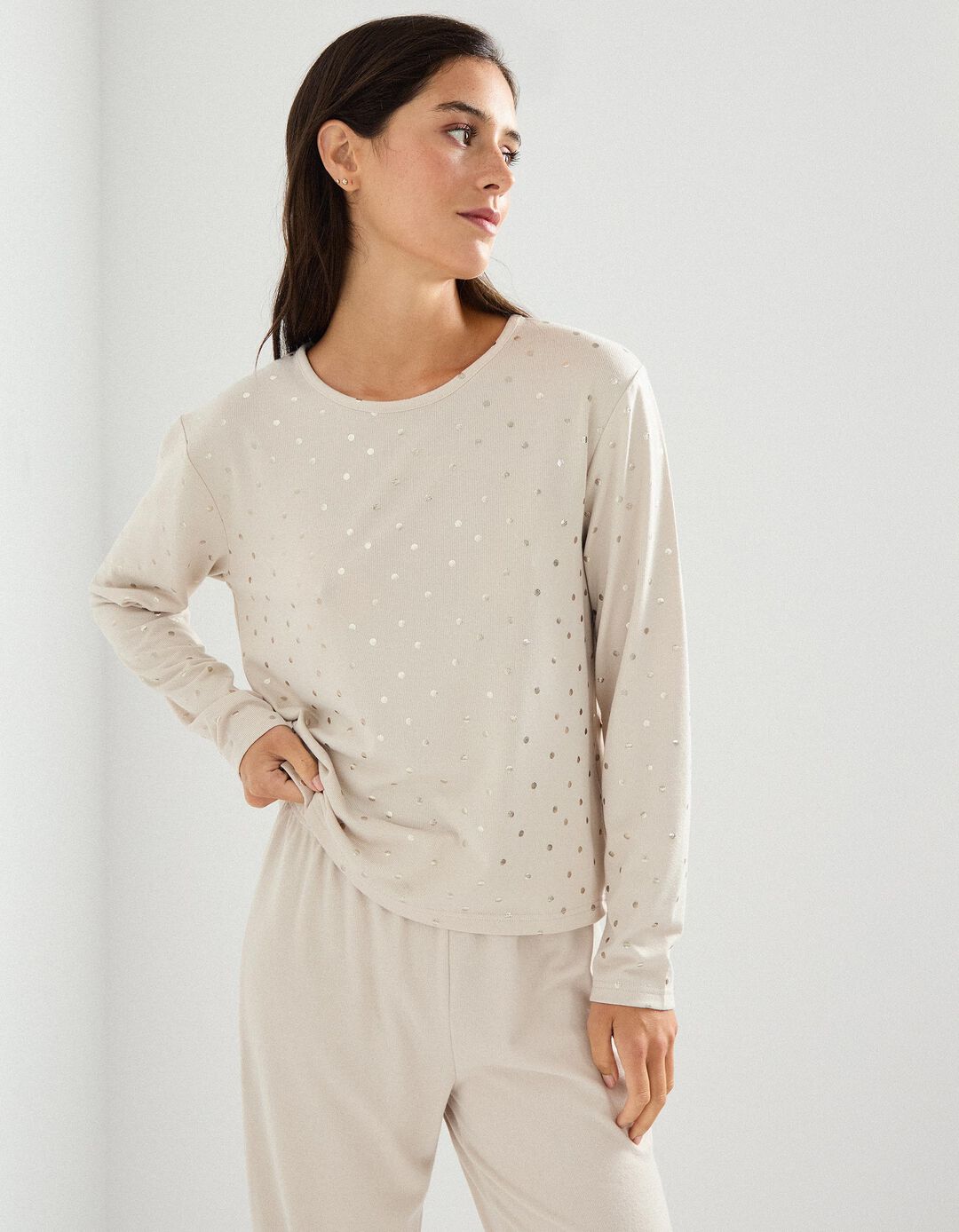 Pijama com Estampado Metalizado, Mulher, Bege Claro