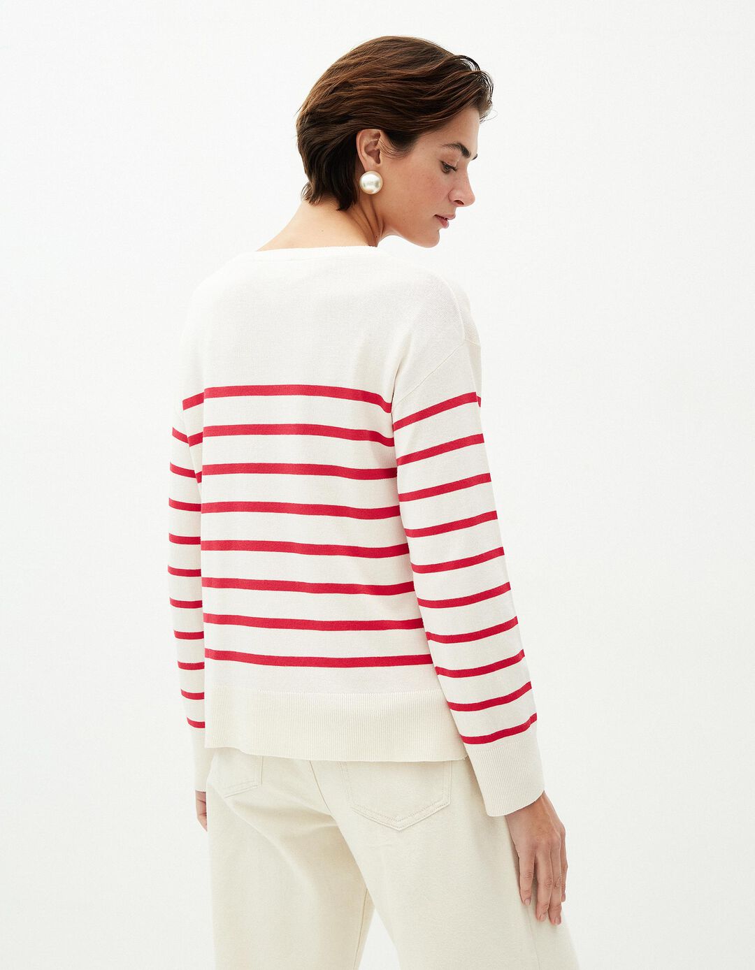 Camisola de Malha Riscas, Mulher, Bege Claro