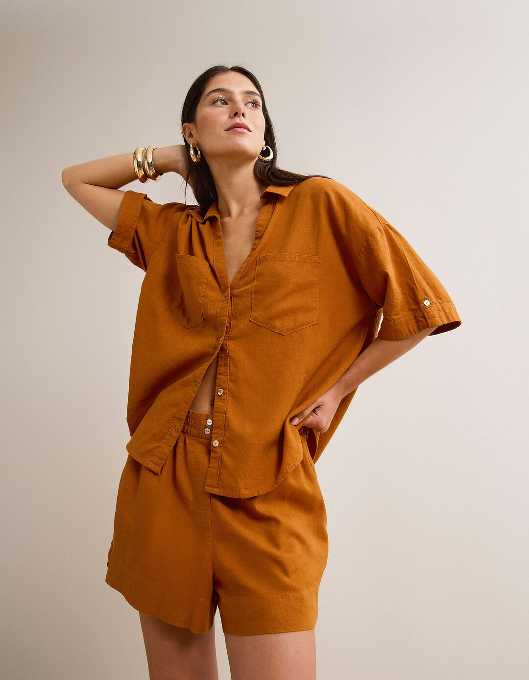 Blusa com linho, Mulher, Castanho Claro 