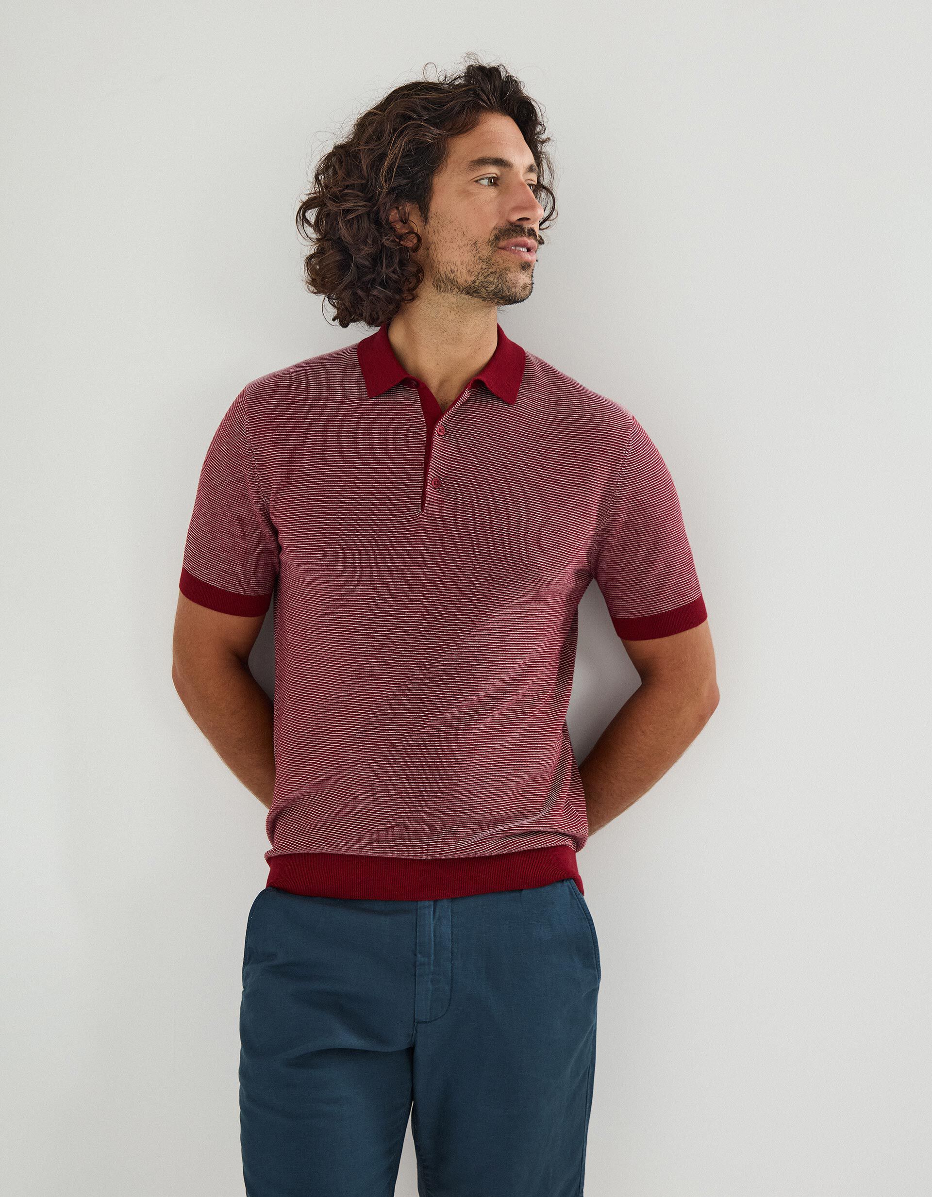 Polo de Malha com Riscas, Homem, Vermelho Escuro