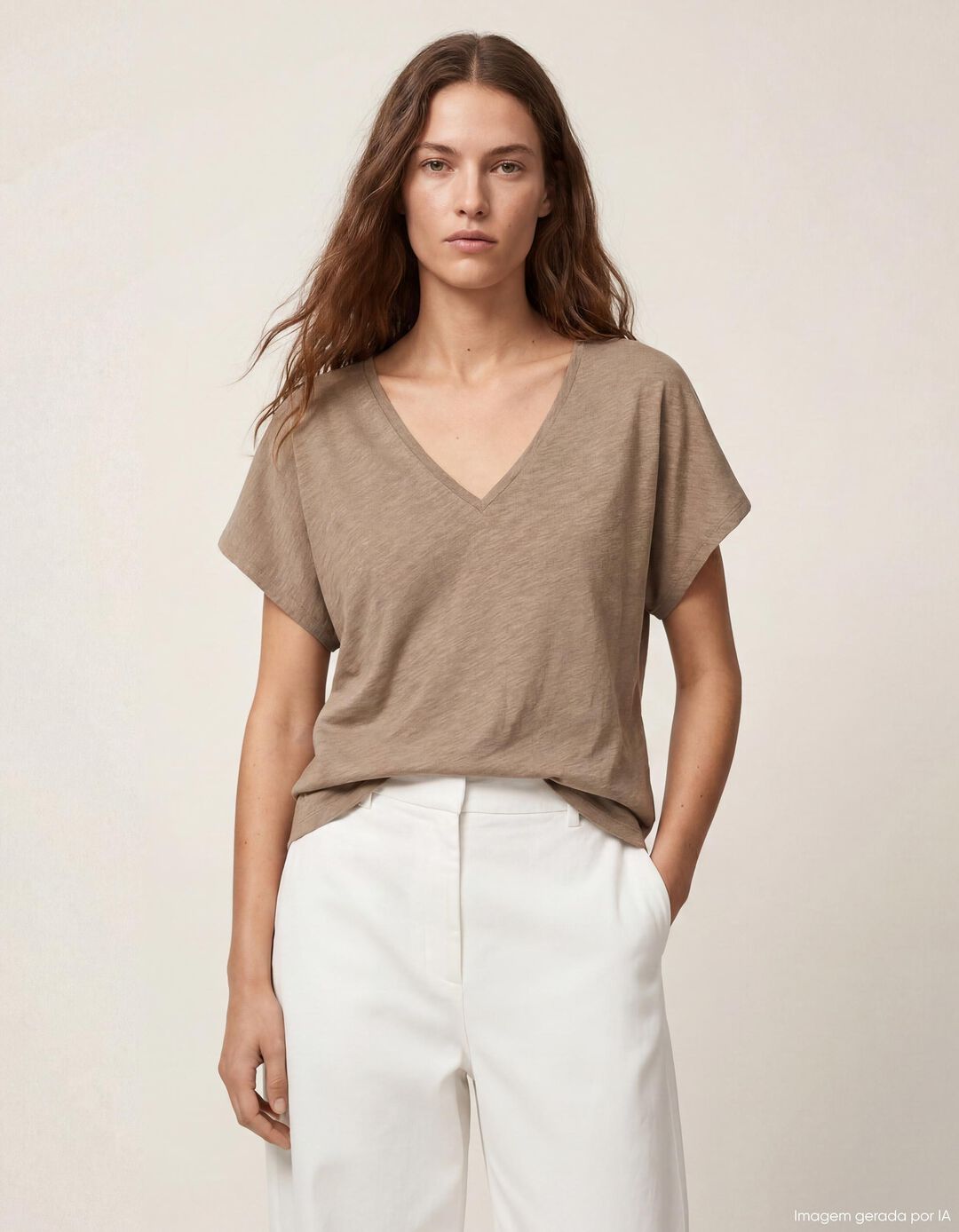 T-shirt Decote em V, Mulher, Bege Escuro
