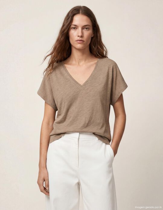 Comprar Online T-shirt Decote em V, Mulher, Bege Escuro