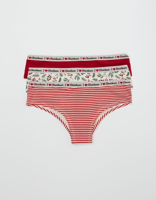 3 Hipster Briefs, 'I Love Christmas', Women, White/ Red