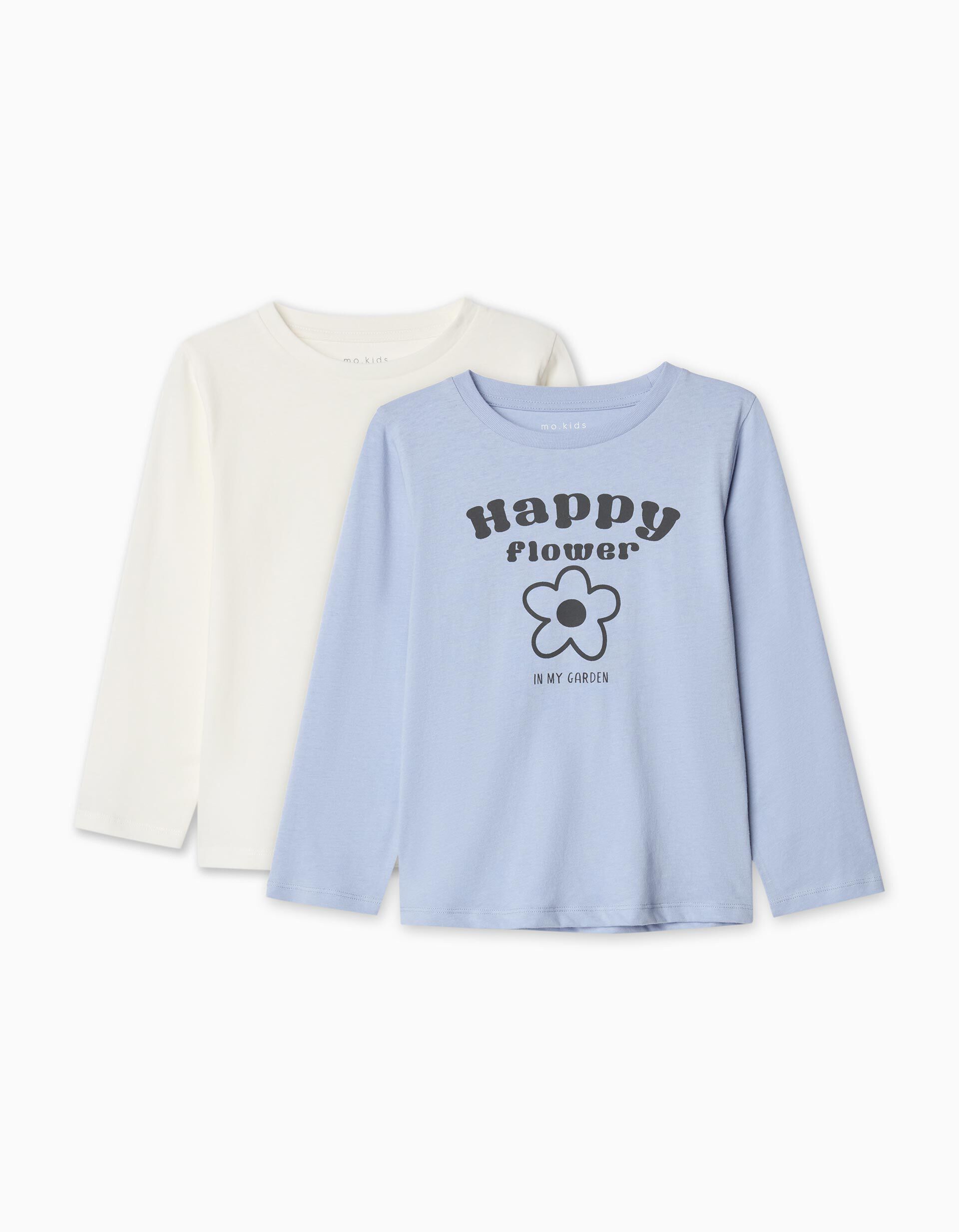 Comprar Online Pack 2 T-shirts de Manga Comprida, Menina, Azul Claro/Branco