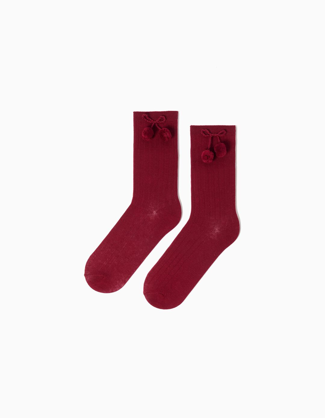 Pack 2 Pares de Meias Altas Caneladas Laço, Menina, Vermelho Escuro