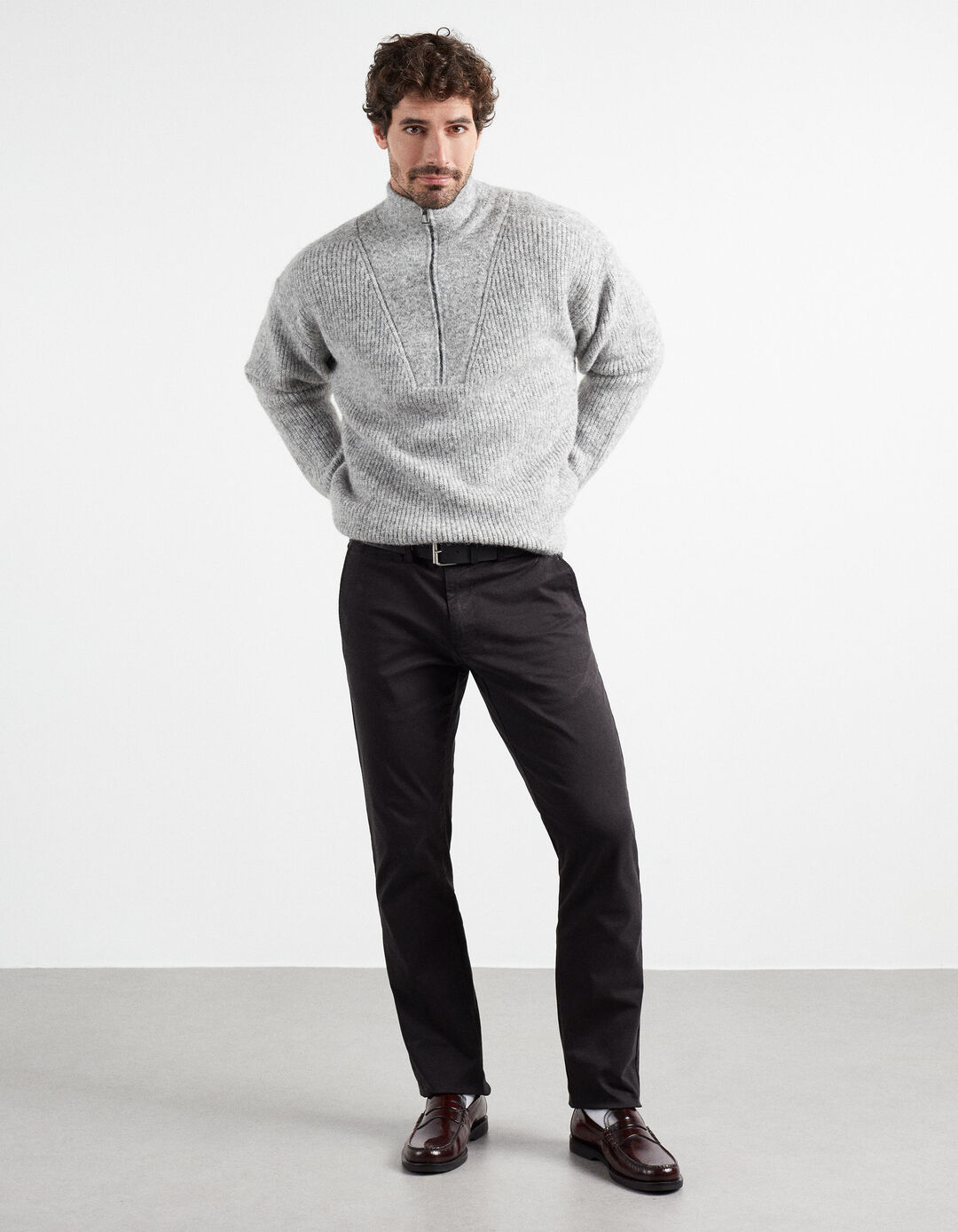 Wool Blend Zip Sweater, Men, Light Gray