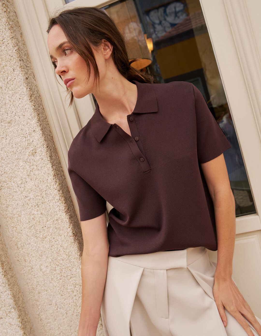 Camisola Polo Manga Curta, Mulher, Castanho Escuro