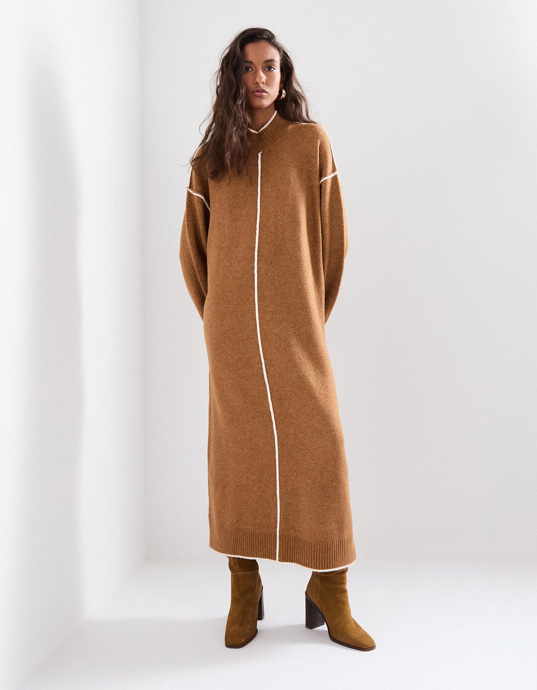 Vestido de Malha com Lã, Mulher, Castanho Claro