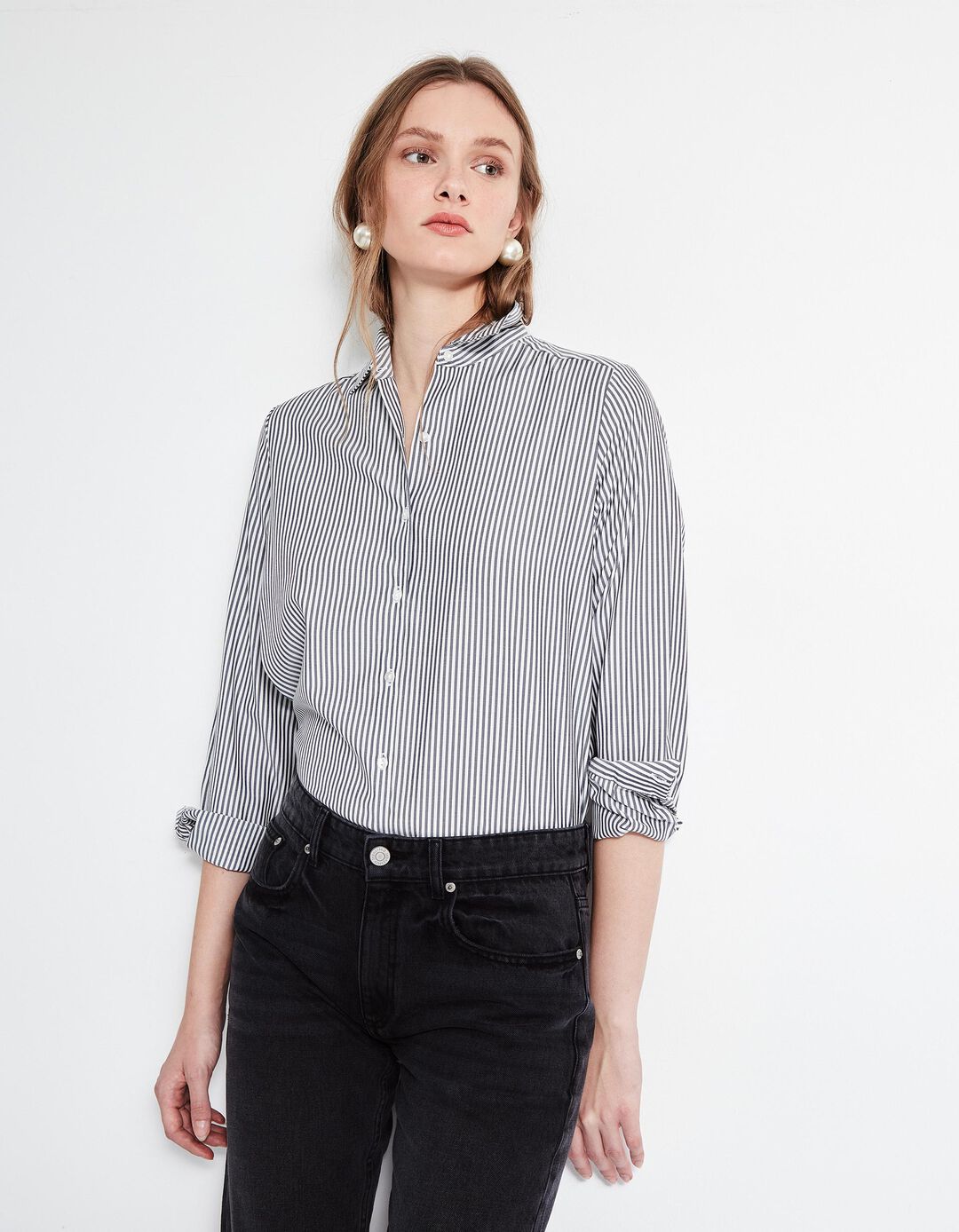 Camisa de Manga Comprida Popelina Riscas, Mulher, Azul Escuro