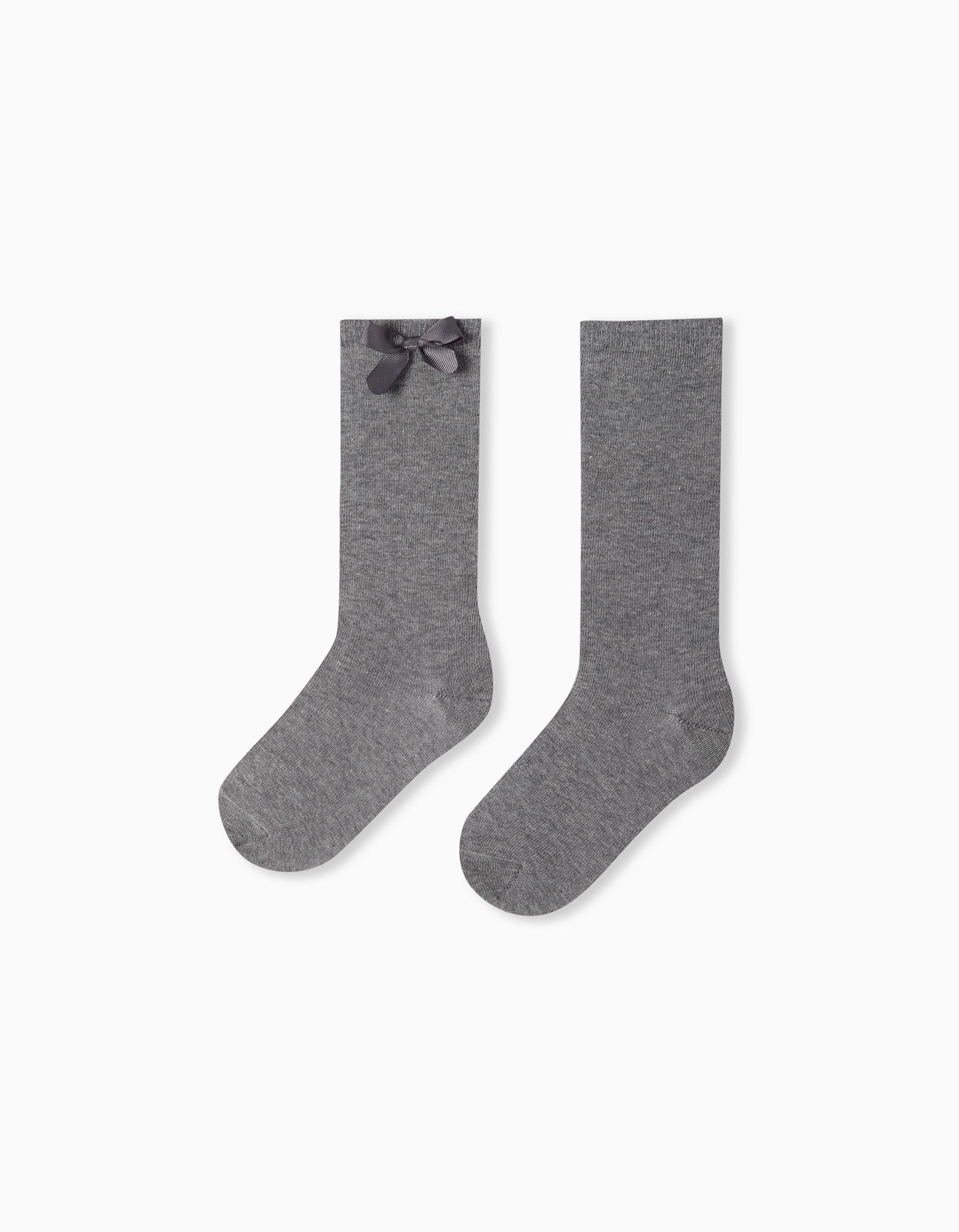 High-knee Bow Plain Socks, Girls, Light Grey | MO Fashion